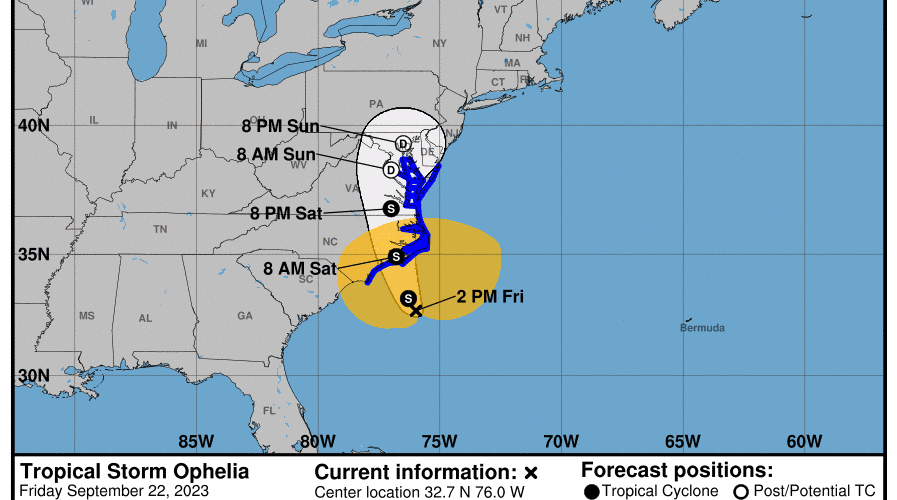 2 p.m. Friday update for Tropical Storm Ophelia. Graphic: NWS