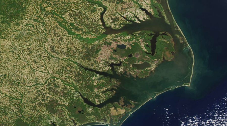 The North Carolina coast, including from north to south, Albemarle Sound, the Pamlico River and the Neuse River, is shown in this April 28, 2022, image from the Moderate Resolution Imaging Spectroradiometer (MODIS) on board NASA’s Aqua satellite.