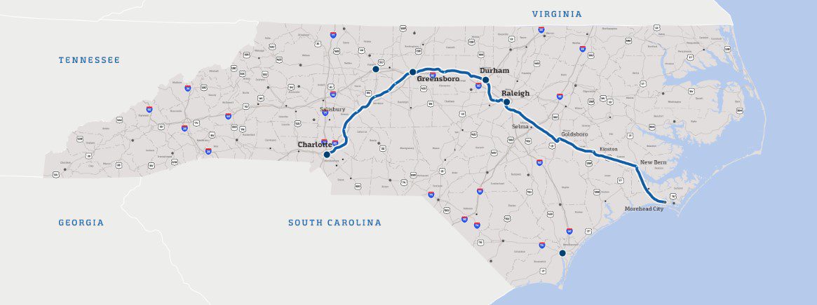 The North Carolina Railroad Co. owns and manages 317 miles of rail corridor from Charlotte to the state port terminal in Morehead City. Map: NCRR