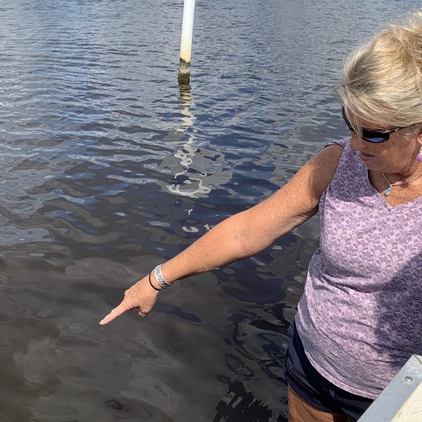 Jacksonville Stormwater Manager Pat Donovan-Brandenburg points out the location of artificial oyster reefs in the New River. The reefs are part of the Oyster Highway Project to help revive and maintain the river's water quality. Photo: Trista Talton