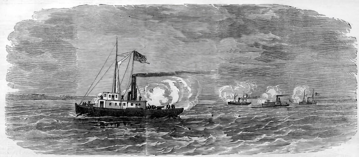 A print of the USS Fanny under attack by the CSS Raleigh, CSS Curlew, and CSS Youngalasaka, from Harper's Weekly,  Oct. 19,1861.