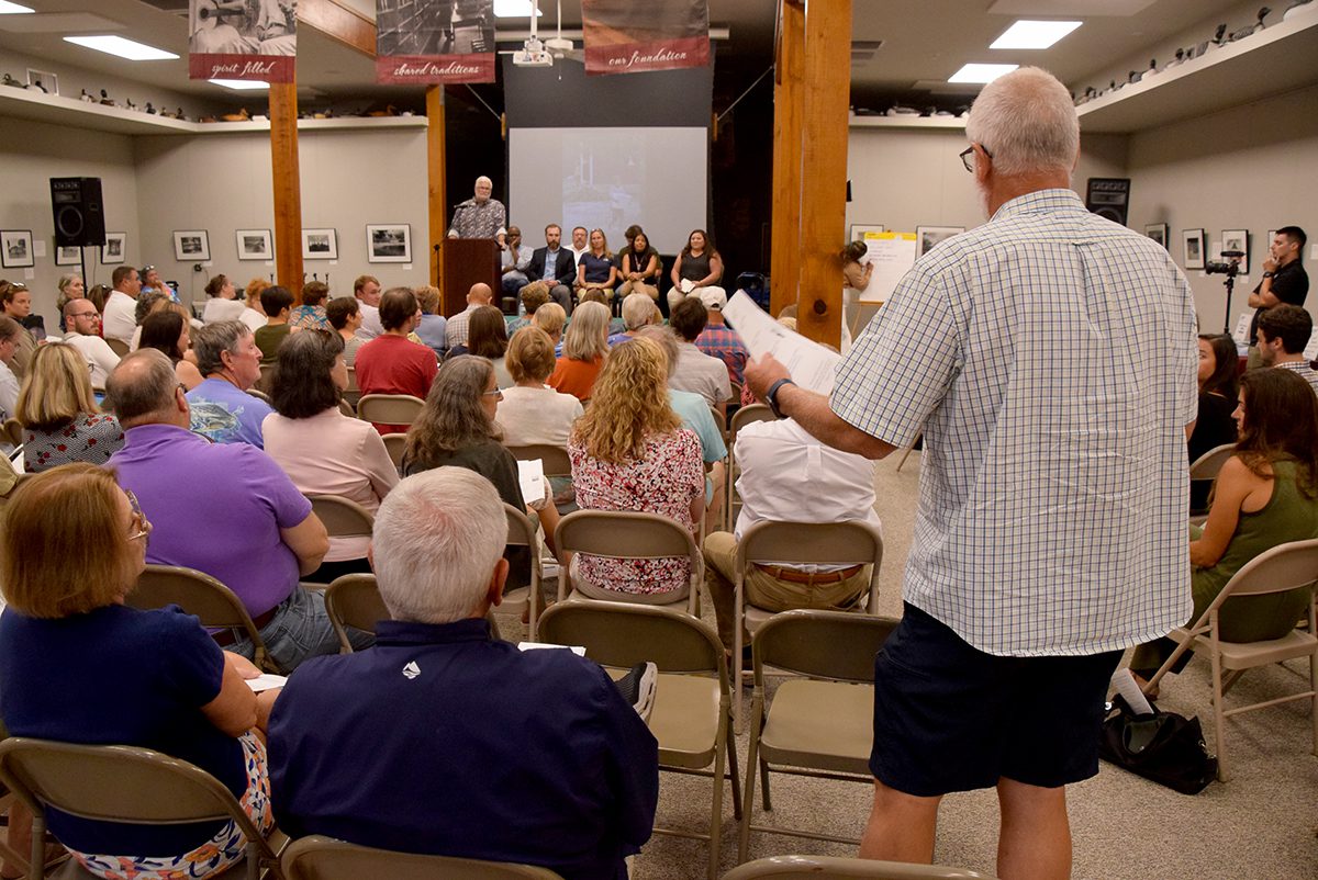 Retired Down East educator and principal Chris Yeomans speaks during the Community Conversation event Sept. 12 at the Core Sound Waterfowl Museum and Heritage Center on Harkers Island. Photo: Mark Hibbs