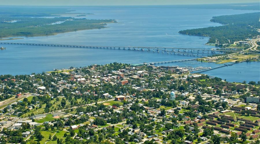Aerial view of New Bern where the Neuse and Trent rivers meet. Photo: City of New Bern