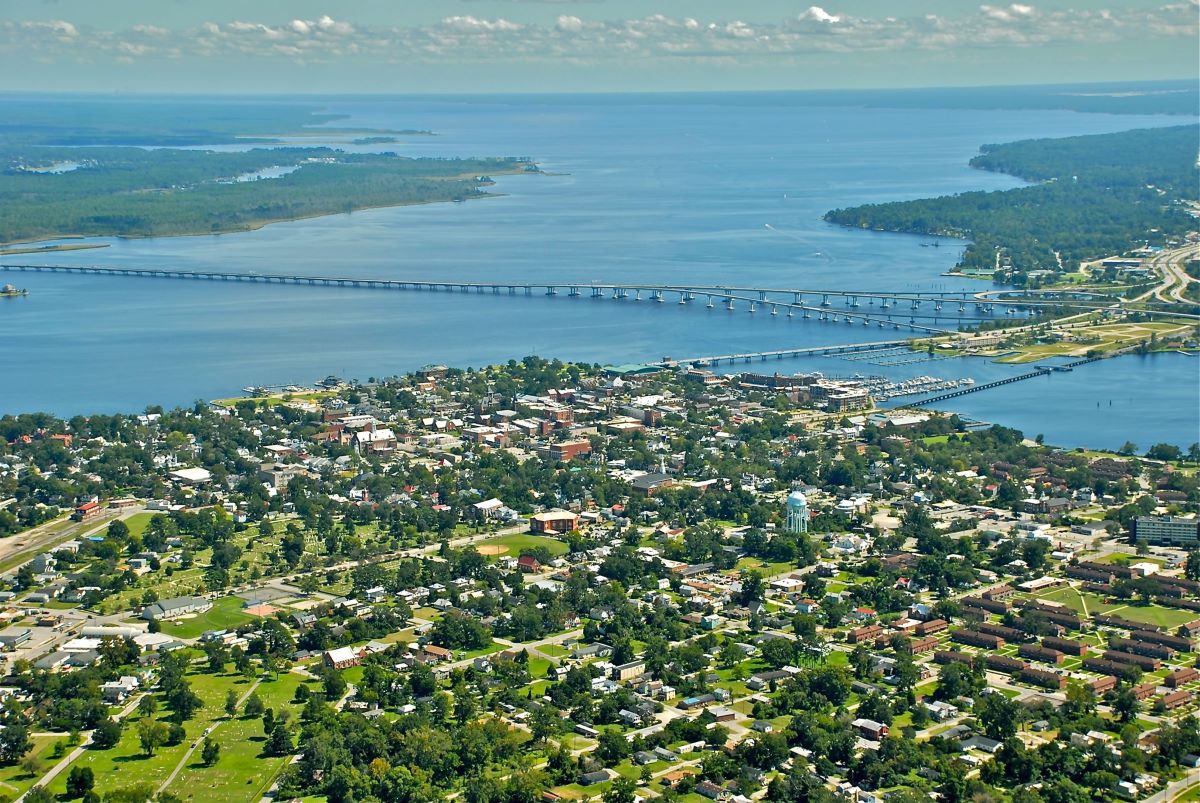 Aerial view of New Bern where the Neuse and Trent rivers meet. Photo: City of New Bern