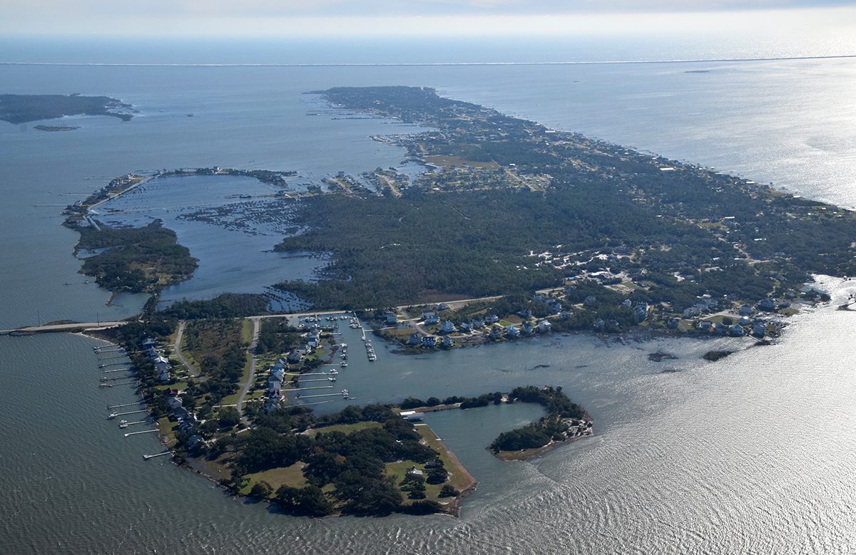 A view of Harkers Island from over North River, looking east toward the Cape Lookout National Seashore, during a king tide, Nov. 8, 2021. Photo: Mark Hibbs/Southwings