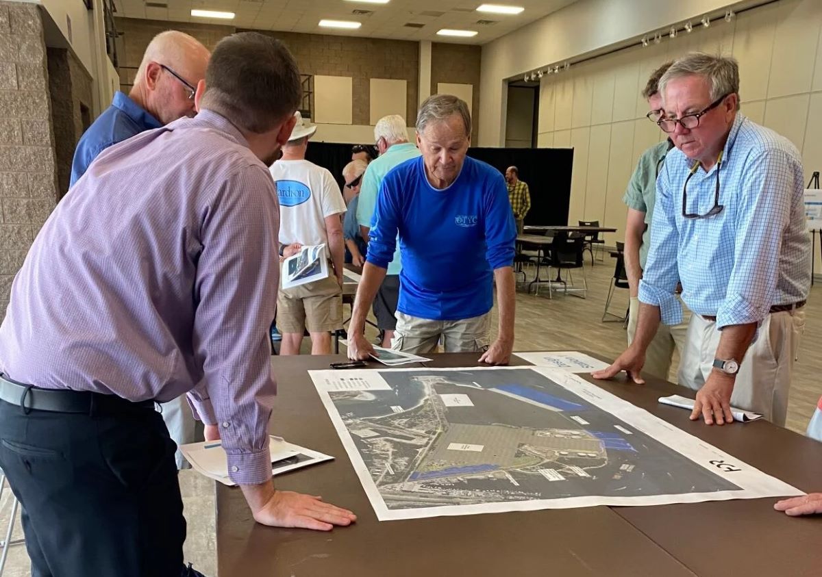 County residents look at maps and ask question during a public information session Tuesday about a plan to build a new multi-use terminal at the N.C. Port of Morehead City on Radio Island. Photo: Carteret County News-Times
