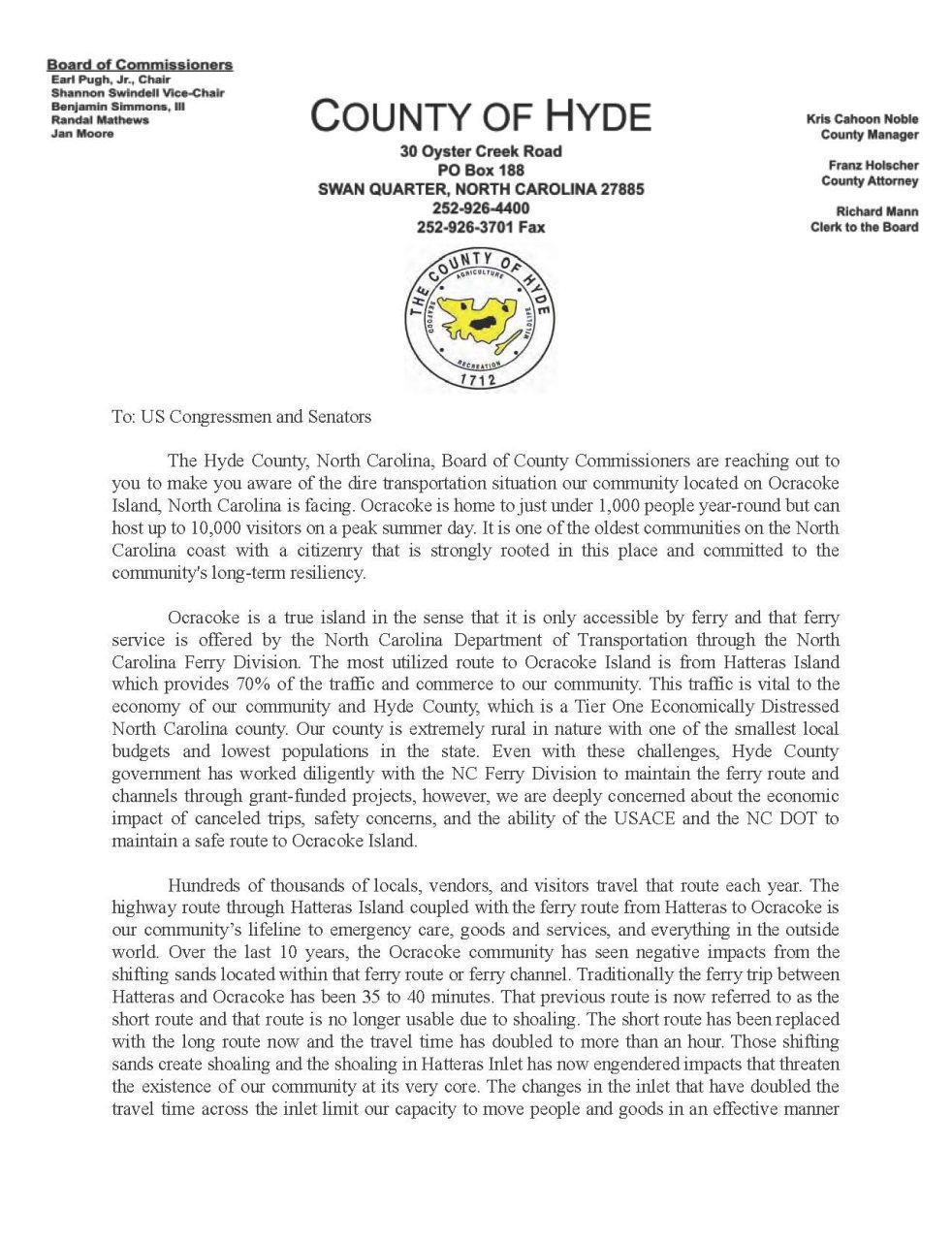 Hyde County commissioners' letter to the county's congressional delegation. Courtesy Ocracoke Observer