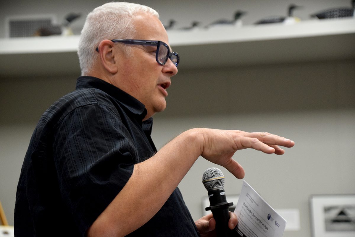 Dr. Rob Young, director of the Western Carolina University/Duke University Program for the Study of Developed Shorelines, speaks during the Community Conversation event Sept. 12 at the Core Sound Waterfowl Museum and Heritage Center on Harkers Island. Photo: Mark Hibbs