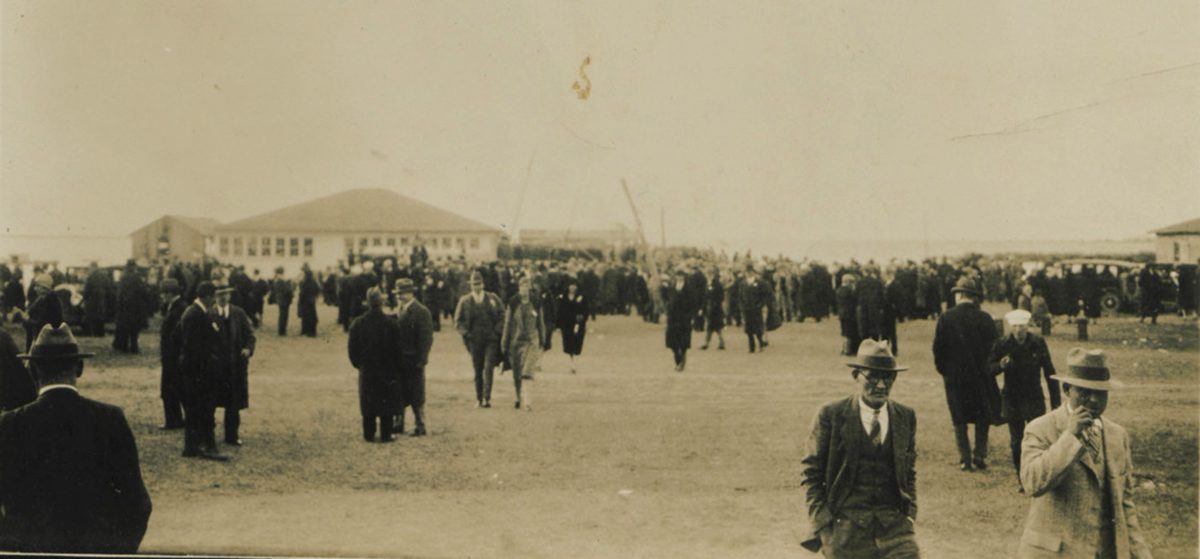 Part of the crowd assembled at Virginia Dare Shores in Kitty Hawk Dec. 17, 1928, celebrating the 25th anniversary of the Wright Brothers' First Flight. Photo likely by Frank Stick and courtesy of the Maud Hayes Stick Collection at the Outer Banks History Center/North Carolina State Archives 