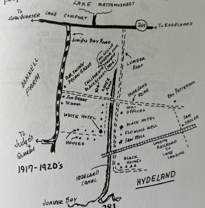 Map of Hydeland, N.C. From Morgan H. Harris, Hyde Yesterdays: A History of Hyde County
