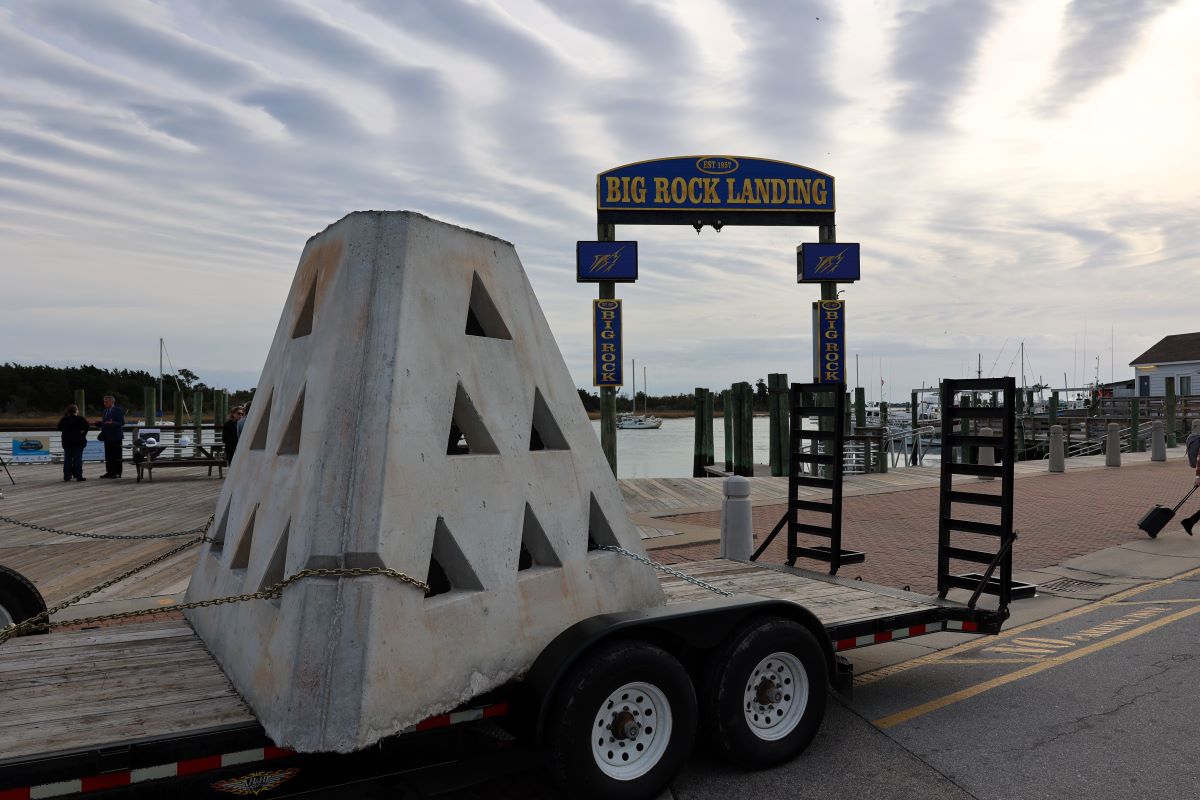 This wave attenuation device on display Wednesday during a press conference to kick off Sugarloaf Island restoration project, is one of the 1,200 that will be used to help stabilize Sugarloaf Island. Photo: Anna Smith/Morehead City