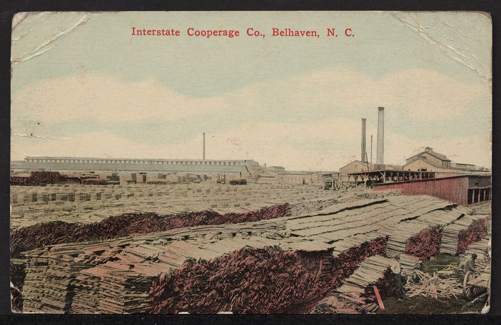 Established in Belhaven in 1905, the Interstate Cooperage Co. was the largest mill on the Pungo River in the early 20th century and was one of the largest lumber mills anywhere on the North Carolina coast. In the early 1900s, the company acquired the rights to hundreds of thousands of acres of forestland in at least Hyde, Beaufort, Carteret, Craven, and Jones counties, including a large part of what is now the Croatan National Forest. The company’s property on the Pungo included a sprawling sawmill, dry kilns, a stave mill, a barrel factory, and what was said to be the largest box factory in the world. Among much else, Interstate turned out the barrels and pallets that its owner, Standard Oil (the world’s largest petroleum company at that time), used for shipping petroleum. Somewhere between 600 and 900 workers, the vast majority of them African American, worked at the company’s mill in Belhaven, while many more toiled in its logging camps. Among its workers were also recent immigrant laborers brought south by labor agents.  Lumber and railroad companies in the vicinity of the East Dismal employed sizable numbers of Russian, Polish, Italian, Greek, Hungarian, Latin American, and other immigrants, especially between 1900 and 1925. Postcard from the Moore Family Papers, East Carolina University Digital Collections

