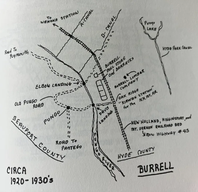 This is a hand-drawn map of still another lumber mill village that was located in the vicinity of the Pungo River. The village’s name was Burrell, and it was the site of the Burrell Lumber Co.’s mill on the upper part of the Pungo River, ca. 1920s/30s. The village was located on the New Holland, Higginsport, and Mount Vernon Railroad, a 35-mile-long spur that ran from the Norfolk & Southern’s main line in Wenona to Lake Mattamuskeet. As you can see on the map, Burrell included, besides the company’s mill,  a company store, a railroad station, and a large barracks for housing mill workers and loggers. According to local lore, Davis Landing (on the map just below the Burrell mill store and barracks) was the site of an Algonquin Indian village late into the 19th century. That village seemed to vanish with the forest. Courtesy, Morgan H. Harris, Hyde Yesterdays: A History of Hyde County
