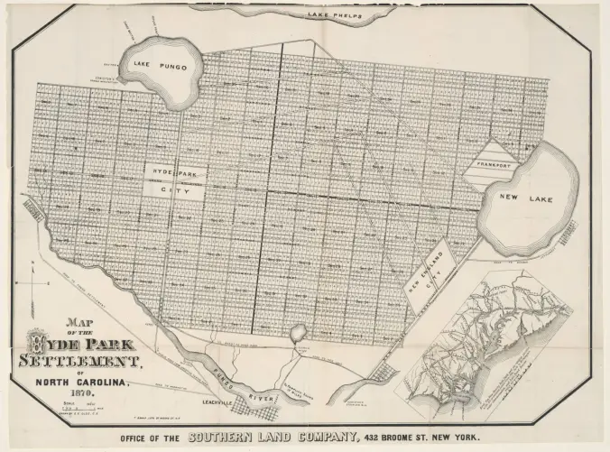 One of the more fanciful plans for draining the East Dismal and turning the land to agricultural production dates to 1870. This map shows the Southern Land Company’s vision of a development called “Hyde Park,” which was to include three villages and dozens of farms on the pocosin lands mostly south and east of Pungo Lake. Based in New York, the Southern Land Co. had purchased 90,000 acres of land with an eye to enticing settlers from northern states to settle there. A few settlers may have found a home along the Pungo Canal, the slave-dug, antebellum canal that runs between Pungo Lake and the Pungo River. Overall, though, Hyde Park was just a developer’s dream, at best. You can find the Southern Land Co.’s prospectus for recruiting settlers to Hyde Park here. Quite a few other land developments in the vicinity of the Pungo also came to naught; on the other hand, at least one, a farming community called Terra Ceia that had a core of Dutch immigrants, was more successful. This map of Hyde Park comes from the North Carolina Collection at UNC-Chapel Hill’s Wilson Library.
