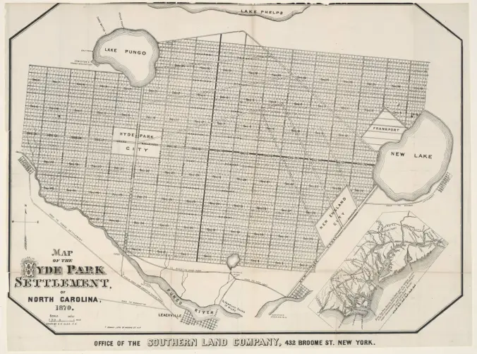 One of the more fanciful plans for draining the East Dismal and turning the land to agricultural production dates to 1870. This map shows the Southern Land Company’s vision of a development called “Hyde Park,” which was to include three villages and dozens of farms on the pocosin lands mostly south and east of Pungo Lake. Based in New York, the Southern Land Co. had purchased 90,000 acres of land with an eye to enticing settlers from northern states to settle there. A few settlers may have found a home along the Pungo Canal, the slave-dug, antebellum canal that runs between Pungo Lake and the Pungo River. Overall, though, Hyde Park was just a developer’s dream, at best. You can find the Southern Land Co.’s prospectus for recruiting settlers to Hyde Park here. Quite a few other land developments in the vicinity of the Pungo also came to naught; on the other hand, at least one, a farming community called Terra Ceia that had a core of Dutch immigrants, was more successful. This map of Hyde Park comes from the North Carolina Collection at UNC-Chapel Hill’s Wilson Library.

