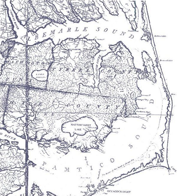 This 1808 map shows what is still the largest freshwater wetlands complex on the North Carolina coast. The dotted territory is swamplands, mostly pocosins, but also Includes river bottomlands, cypress and gum swamps, and other wetlands. We can see the Pungo River on the western side of Hyde County. We can also see the Pungo’s place within the larger, even more vast territory of freshwater wetlands that make up the Albemarle-Pamlico peninsula.  Pocosins— an Algonquin word– are a unique kind of raised peat bog and make up the majority of five counties on that part of the North Carolina coast: Beaufort, Washington, Hyde, Tyrrell, and Dare. Taken together, they make up what Dr. John Paul Lilly, professor emeritus of soil science at N. C. State, has called “the largest pocosin in the world.” Jonathan Price et. al., This first actual survey of the state of North Carolina taken by the subscribers is respectfully dedicated…. (Philadelphia: C.P. Harrison, 1808). Courtesy, Library of Congress

