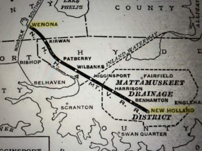 Documentary sources tell us frustrating little about what daily life was like for the loggers, sawmill workers, and railroad builders who worked in the vicinity of the Pungo. One exception is a collection of newspaper accounts, court records, and other historical sources related to the brutality and peonage-like conditions that the builders of the New Holland, Higginsport, and Mount Vernon Railroad faced in the early 1920s. Originating on the Norfolk & Southern’s main line in Wenona, the NHHMV ran through the lumber mill village of Burrell (site of Kirwan Station on this map) and on to Lake Mattamuskeet. Built primarily to supply coal to the pumping station in New Holland, the railroad also opened up a large section of swamp forest to logging. For more on the working conditions in the NHHMV’s work camps, see my recent story, “The Italian Workers: The Life and Times of the Immigrants who Built North Carolina’s Railroads.” This map is from The Official Standard Time of the Railways and Steam Navigation Lines of the United States, Porto Rico, Canada, Mexico and Cuba (July 1928).

