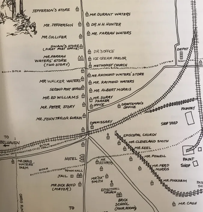 Elizabeth Parker Roberts, Detail of map of Pinetown, N.C., 1918. Located 14 miles northwest of the Pungo River,  Pinetown had a unique identity among the region’s boom towns. In the early 1890s, the town grew up not around a sawmill but around Surry Parker’s logging machine shops. Parker, a former locomotive engineer with the Roanoke Railroad & Lumber Co., was an inventive mechanical engineer. At Pinetown, he designed and built steam logging machinery with an emphasis on equipment that made logging remote wetlands such as the East Dismal more practical and profitable. Parker sold machinery to logging companies as far away as South America, but the East Dismal and the other swamplands around the Pungo River were his testing ground. Both the John L. Roper Lumber Co. and the Wilkinson brothers used his machinery extensively. In its heyday, Pinetown was home to 400-500 residents. As we can see on Ms. Robert’s map, the town had the company’s machine shops, several  stores,  3 churches, a school, a theater and, at Parker’s home, a lending library. Today the town’s boom years are long past. Pinetown is currently a small, unincorporated rural community of perhaps 150 residents. Map from Elizabeth Parker Roberts, Family and Friends: Pinetown, North Carolina, 1893-1918.
