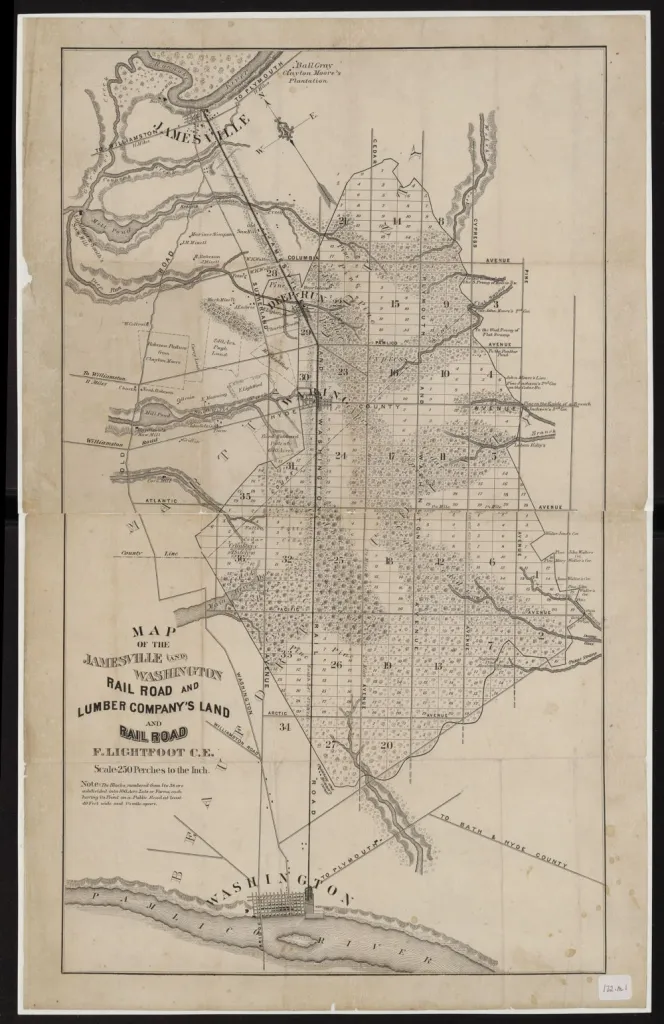 The John L. Roper Co. and the Wilkinson brothers were not the only lumber interests at work in the vicinity of the Pungo River. There were probably 10 or 12 lumber mill boomtowns and scores of logging camps located within 15 miles of the Pungo between 1870 and 1930. On this map, for instance, we see the logging village of Waring (later known as Dymond or Dymond City) and the Jamesville & Washington Railroad and Lumber Co.’s extensive land holdings ca. 1890. Located several miles west of the Pungo, the 21-mile-long railroad– known whimsically as the “Jolt and Wiggle”– was built– like all the region’s railroads– primarily for logging and the lumber trade. In the case of the J&W, the purpose of the railroad was to carry logs to its mill in Waring and then to carry lumber that was milled in Waring to freight vessels in Jamesville, on the Roanoke River, or in Washington, N.C., on the Pamlico River. On the map, note the large stands of bald cypress and Atlantic white cedar (juniper) in those swamp forests, especially northeast and southeast of Waring and in the headwaters of Deep Run Creek. According to a Feb. 3, 1963 article in The State, Waring was settled principally by Quakers and had a sawmill, a 32-room boardinghouse, a 3-story company store, worker housing, and a railroad shop. Since its abandonment, Dymond– as it is usually remembered today–  has been the subject of more than a few ghost stories. F. Lightfoot, “Map of the Jamesville and Washington Railroad & Lumber Co.’s Land and Railroad,” ca. 1885-1905, Getsinger Family Papers, ECU Digital Collections

