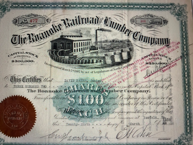 Stock certificate for the Roanoke Railroad & Lumber Co., 1928. In the 1880s, a Philadelphia lumber baron named Clarence Branning established a lumber mill village called Bayside on the Pamlico River, 12 miles southwest of Belhaven. His company also built a logging railroad, the Bayside & Yeatesville, that connected the mill to timber holdings in Yeatesville, Bath, and Pamlico Beach. Branning sold the mill, railroad, and the village–  “everything except the walnut desk belonging to Mr. Branning,” according to one source– to the Roanoke Railroad & Lumber Co. in 1887. Life in Bayside revolved around the mill and the lumber trains until 1919, when the mill burned. After the company left Bayside for good, the village’s name was changed to Bayview and it gradually became the little community that it is today. Note: According to a reminiscence later published in the Nashville Graphic (Nashville, N.C., 23 June 1953), the Roanoke Railroad &  Lumber Co. brought in “Russian, Italian and Arabian workers” to work at its mill in Momeyer, in a different part of eastern N.C. I would expect that the company also employed a significant number of immigrant laborers at its mill in Bayside.
