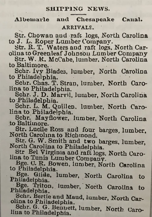 I found this May 18, 1895 notice from the Virginian-Pilot in Bill Barber’s excellent new book, Timber, Land and Railroads: A History of the John L. Roper Lumber Company (2023). By listing shipments of North Carolina lumber that arrived in the port of Norfolk, Va. via the Albemarle & Chesapeake Canal on a single day, this notice gives us a sense of the staggering amount of the state’s forests that was being shipped north in the late 19th century.  Bill Barber has also written a fascinating study of two of the most important lumber companies working in coastal forests just east of the East Dismal, in the vicinity of the Alligator River and the Scuppernong River. That study is called Tyrrell Timber: A History of the Branning Manufacturing Company and the Richmond Cedar Works (2021).
