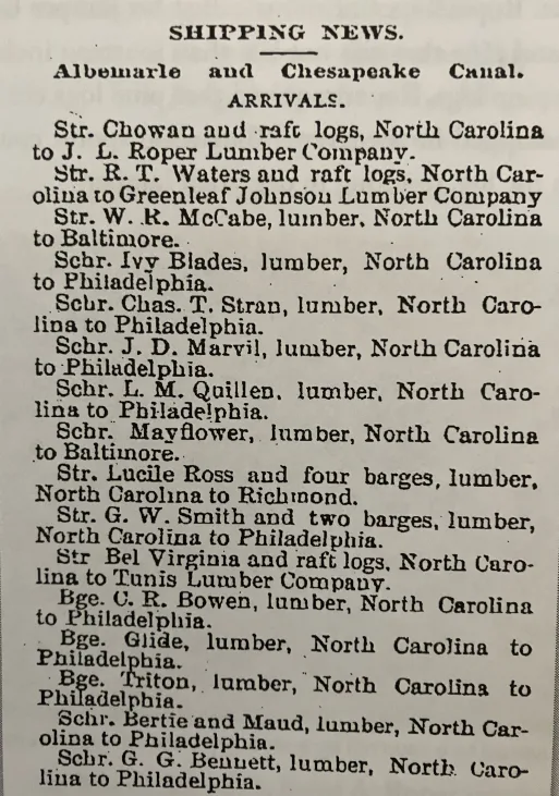 I found this May 18, 1895 notice from the Virginian-Pilot in Bill Barber’s excellent new book, Timber, Land and Railroads: A History of the John L. Roper Lumber Company (2023). By listing shipments of North Carolina lumber that arrived in the port of Norfolk, Va. via the Albemarle & Chesapeake Canal on a single day, this notice gives us a sense of the staggering amount of the state’s forests that was being shipped north in the late 19th century.  Bill Barber has also written a fascinating study of two of the most important lumber companies working in coastal forests just east of the East Dismal, in the vicinity of the Alligator River and the Scuppernong River. That study is called Tyrrell Timber: A History of the Branning Manufacturing Company and the Richmond Cedar Works (2021).

