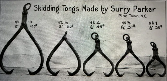 Surry Parker’s machine works turned out a large variety of logging machinery and equipment, including these different size skidding tongs. Loggers attached them to logs so that a steam skidder could drag the logs from where they were cut to a rail line. Parker’s company also made excavating, dredging, and hoisting machinery. Source: Surry Parker, Steam Logging Machinery (Pine Town, N.C., 1912). Copy, North Carolina Collection, UNC Chapel Hill.
