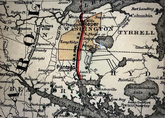 Map of the Albemarle & Pantego Railroad (G. W. and C. B. Colton & Co.), 1887. Courtesy, Library of Congress. The shaded portion of the map shows the approx. 140,000 acres of the East Dismal Swamp that the John L. Roper Lumber Co. first leased and later acquired from the Albemarle Swamp Land Company ca. 1880. Prior to the Civil War, an unknown but not insignificant part of that swamp forest had been selectively logged at least once (largely by enslaved laborers). Once in possession of the land, the Roper Lumber Co. built the Albemarle & Pantego Railroad to serve as the backbone for its far more extensive logging operations on that part of the N.C. coast. The Norfolk & Southern Railroad– of which John L. Roper was a principal investor and officer– purchased the railroad and expanded the line from Mackey’s Ferry to Belhaven ca. 1891.
