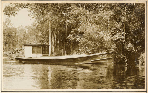 This is the launch Long Point, which served as the tender for derrick barge No. 14 while she was working on the Scuppernong River, May 1931. The No. 14’s crew used the Long Point in a variety of ways, including towing the boat from dredging site to dredging site and for making runs upriver to Columbia to get groceries and other supplies. Source: Office of History, HQ, U.S. Army Corps of Engineers

