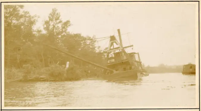 The contract dredge Reliance on  Knobbs Creek, June 1931. Knobbs Creek is a roughly 2-mile-long freshwater stream that flows into the Pasquotank River some 18 miles north of its mouth on the Albemarle Sound. The Reliance’s crew spent several months dredging a 10-foot-deep channel and a turning basin there. As with much of the Corps’ dredging work on that part of the North Carolina coast in that day, the goal of the project was to make it easier for lumber barges to navigate the waterway. Knobbs Creek’s channel had previously been too narrow for those barges to turn around, meaning they had to be towed stern-first one way or the other. Owned by the Norfolk Dredging Company, the Reliance had been doing work for the Army Corps of Engineers on the North Carolina coast for decades. The first mention that I found of her in local newspapers, in fact, was from the 15th of September, 1913. On that date, The Virginian-Pilot reported  that the Reliance had sunk on the Pamlico River in a powerful hurricane that had come ashore at Cape Lookout two days earlier. She was soon refloated and back to work. Source: Office of History, HQ, U.S. Army Corps of Engineers
