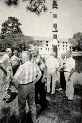 In the summer of 1993, Co. 424 held a reunion at the Mattamuskeet Lodge (seen here). One of my favorite quotes from newspaper coverage of the event was from a local woman who lived near the CCC camp when it was at New Holland. “We used to go to the dances with the CCC boys at the Barber Shanty dance hall up the road,” she recalled. “One of them was my first love, but I’m not going to tell you any names because he’s here.” Photo by Jim Bounds/AP.  From the Greensboro News & Record, 7 June 1993.
