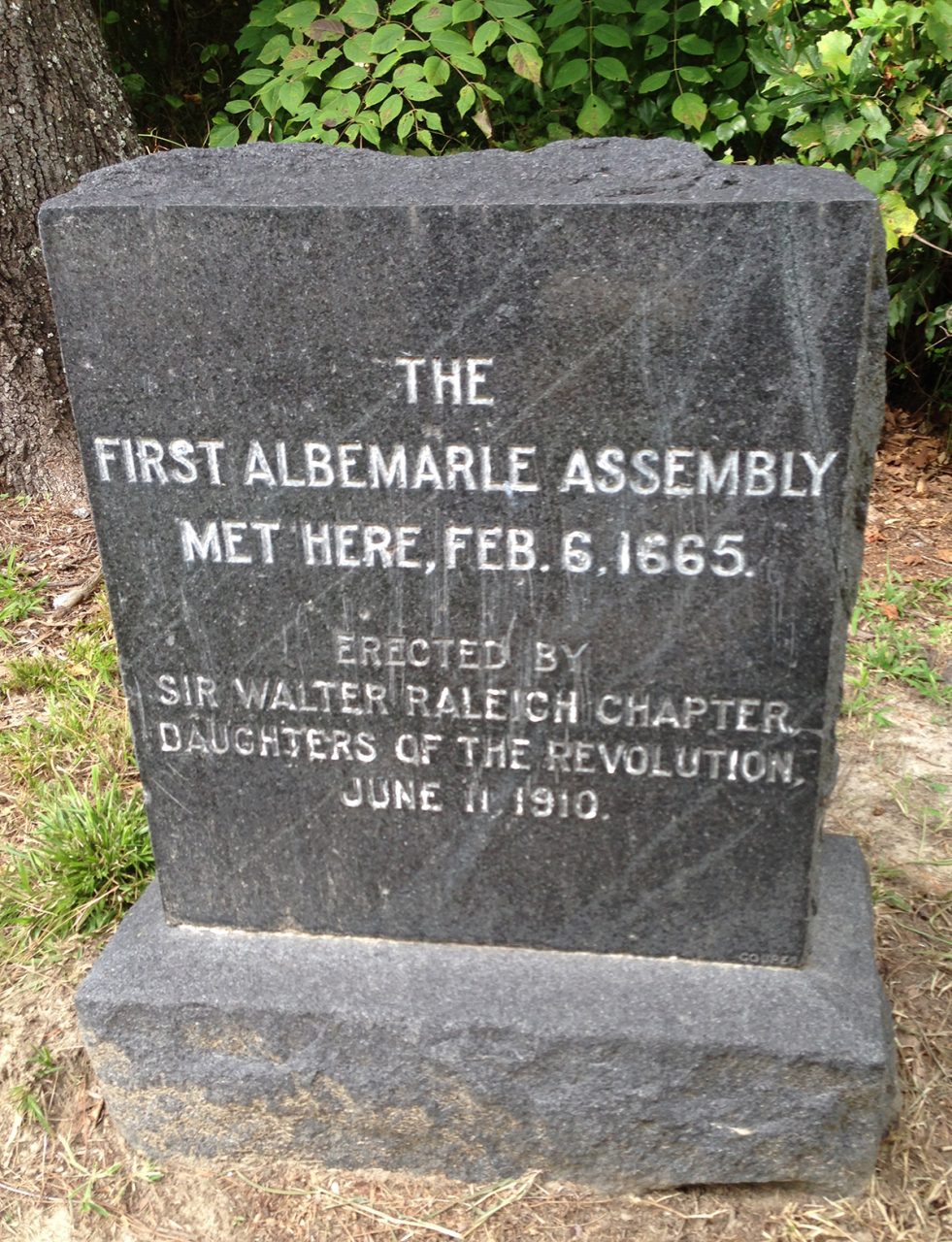 A monument to the First Albemarle Assembly was dedicated June 11, 1910, and is just off Halls Creek Road near Elizabeth City. Photo: Eric Medlin