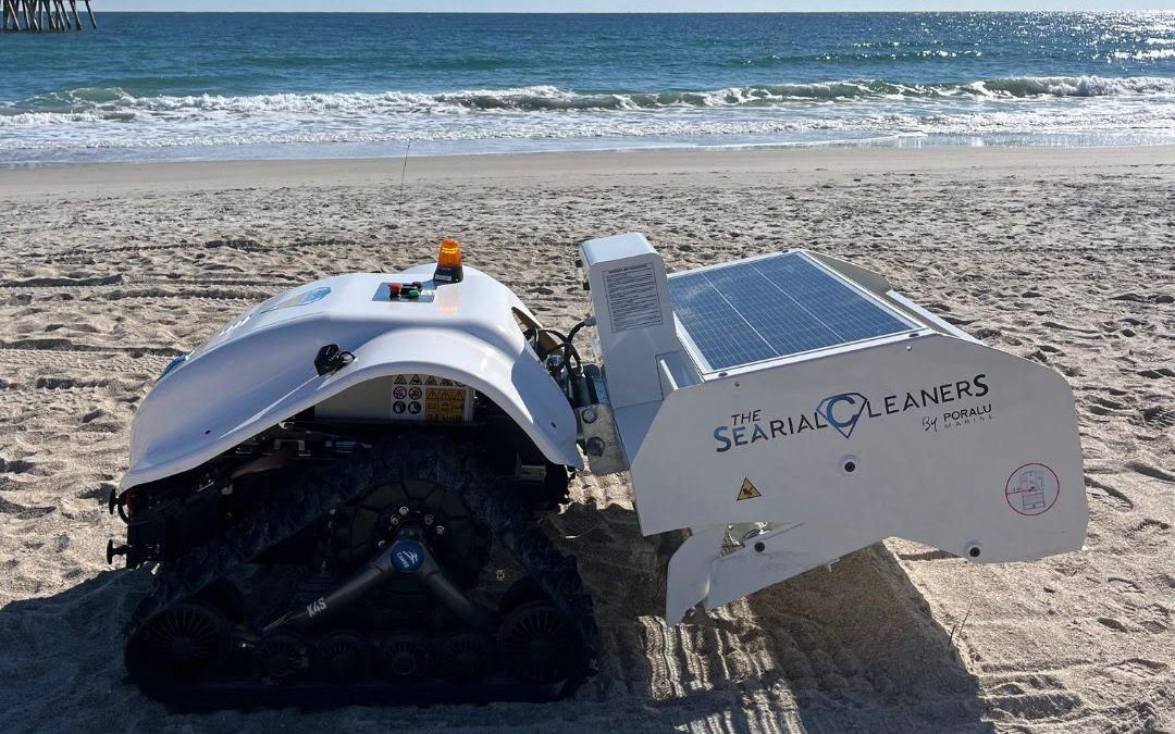 BeBot, a solar- and battery-powered, automated beach-cleaning robot, sifts through layers of sand to reach and remove debris just below the surface. Photo: Keep New Hanover Beautiful