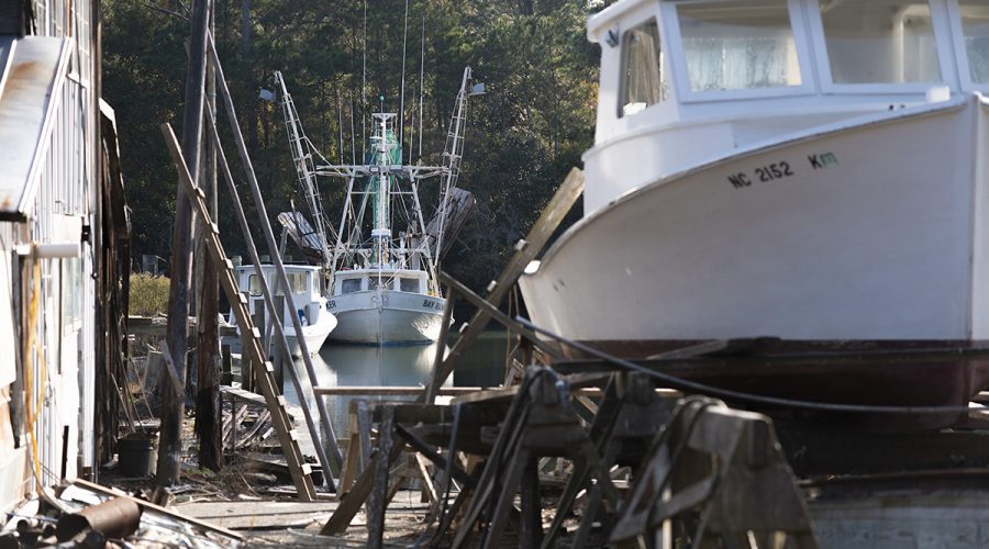 Fishing trawlers are protected from recent strong winds in a boatyard on the Sleepy Point peninsula between Gloucester and Marshallberg in Down East Carteret County. Photo: Dylan Ray