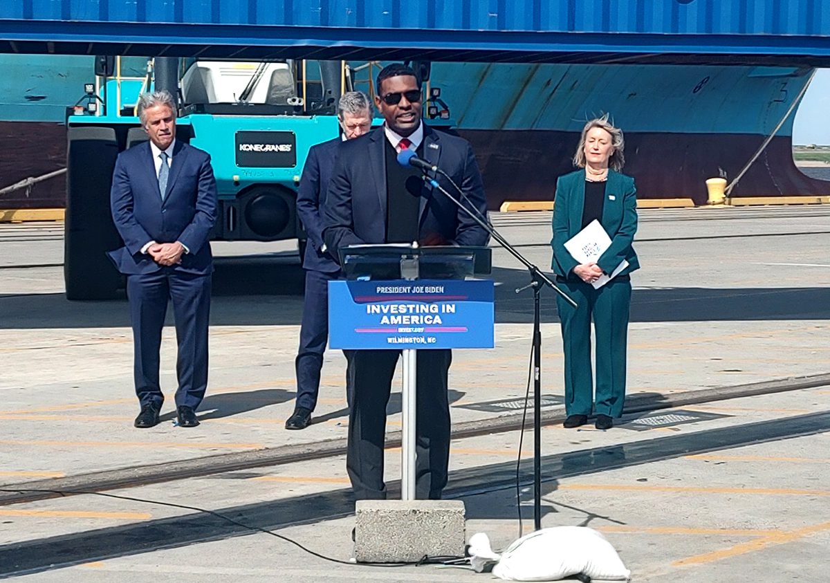 Environmental Protection Agency Administrator Michael Regan announces the launch of the clean ports program Wednesday in Wilmington. Behind him are Wilmington Mayor Bill Saffo, Gov. Roy Cooper and North Carolina State Ports Authority Board of Directors Chair Susan Rabon. Photo: Jennifer Allen