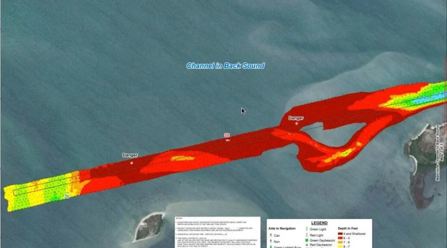 The areas shaded red show where dredging will occur. (NPS graphic)