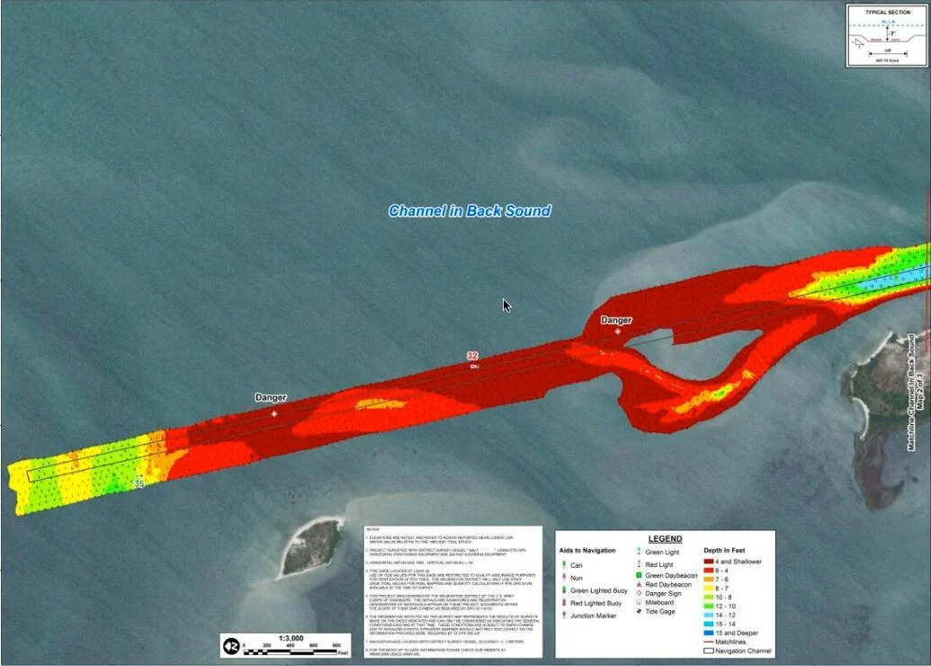 The areas shaded red show where dredging will occur. (NPS graphic)