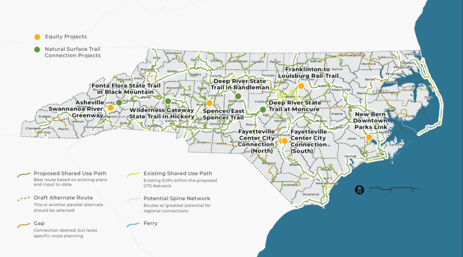 The 10 proposed projects are highlighted on this map of North Carolina. Orange represents equity projects and green marks natural surface trail connection projects. Illustration: NDOT