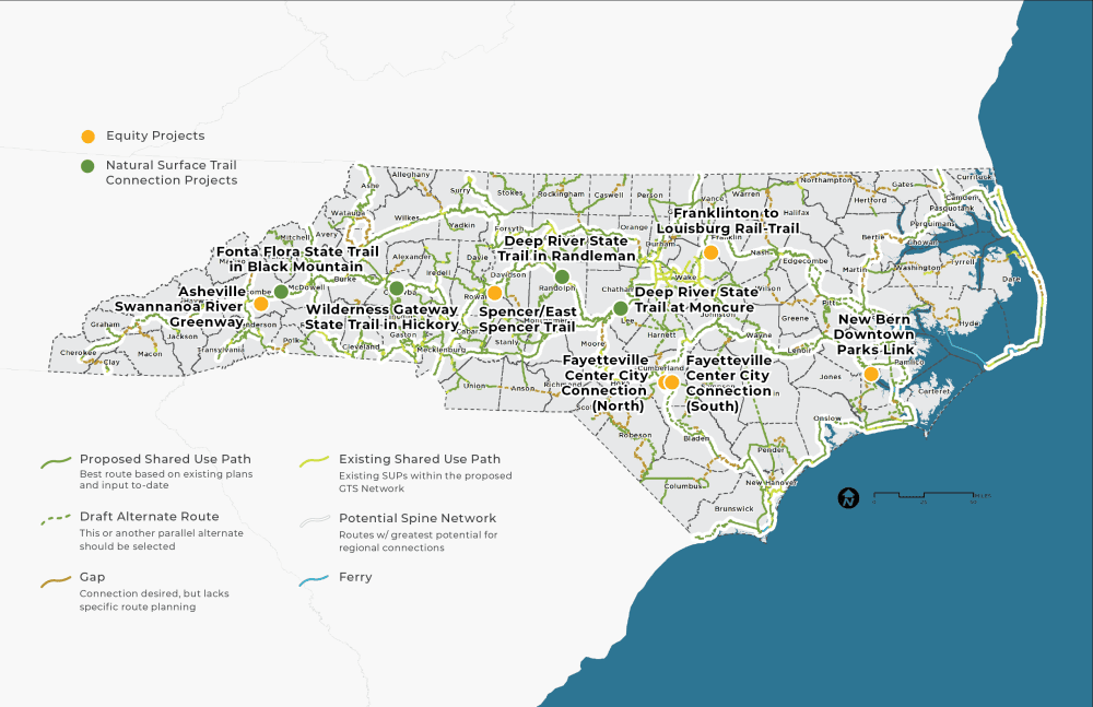 The 10 proposed projects are highlighted on this map of North Carolina. Orange represents equity projects and green marks natural surface trail connection projects. Illustration: NDOT
