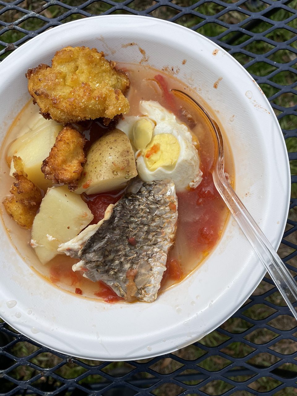 A bowl of Eastern North Carolina fish stew with its obligatory hard-cooked egg and cornbread on the side. Photo: Liz Biro