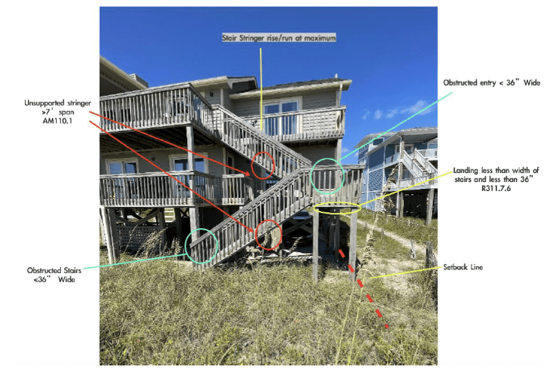 The contractor the Buckleys hired to rebuild the two-story deck of their oceanfront home had notified the state that the original layout of the stairs leading from the deck to the ground, as shown here, did not meet the current building code. Photo: Town records