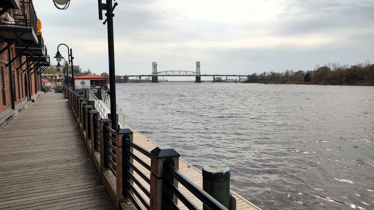 The Cape Fear River from downtown Wilmington Riverwalk. The town is one of 32 cities included in a study on sea level rise and land subsidence. Photo: Jennifer Allen