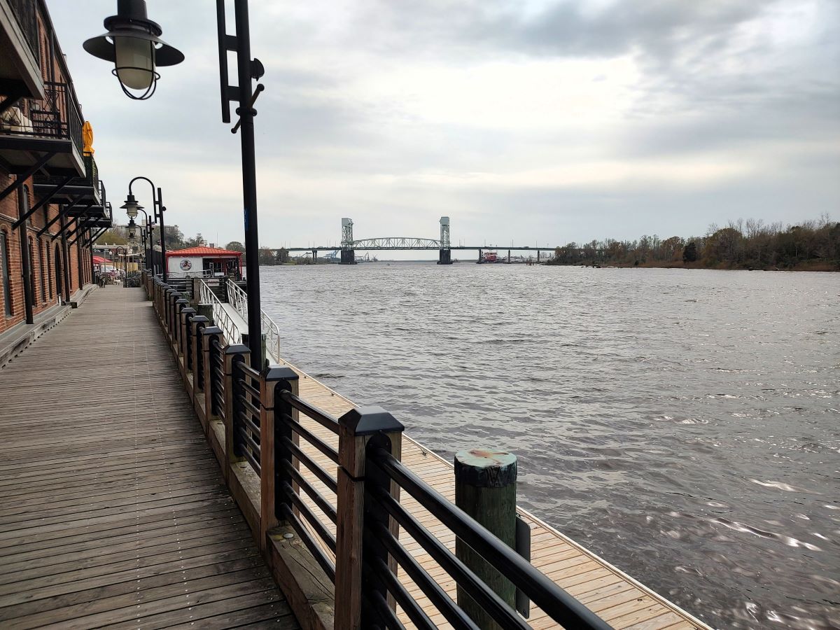 The Cape Fear River from downtown Wilmington Riverwalk. The town is one of 32 cities included in a study on sea level rise and land subsidence. Photo: Jennifer Allen