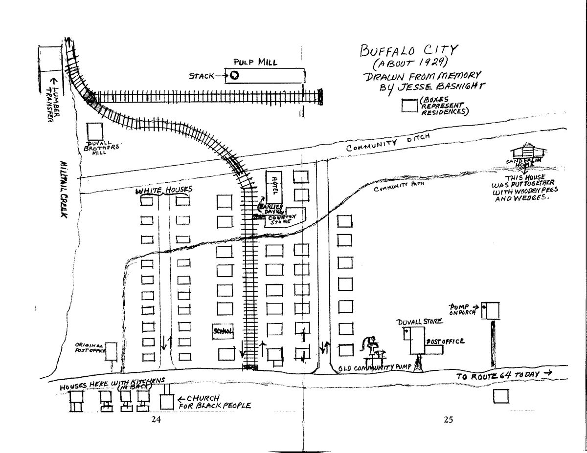 Map of Buffalo City as drawn from Jesse Basnight's memory in “Logs & Moonshine: Tales of Buffalo City, N.C.” used with permission from the author, Suzanne Tate.