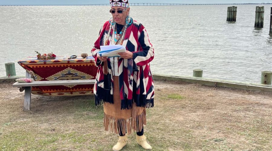 Chief Marilyn Morrison teaching tribal members the importance of honoring those who have passed at a Circle of Life ceremony held on Roanoke Island in 2022. Photo: Joan Collins