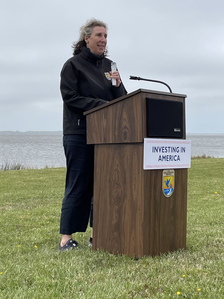 U.S. Fish and Wildlife Service Director Martha Williams announces the funding Thursday at Mackay Island National Wildlife Refuge. Photo: Sue Kerver, USFWS
