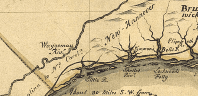 The southernmost Brunswick County islands on the Moseley Map, 1737.