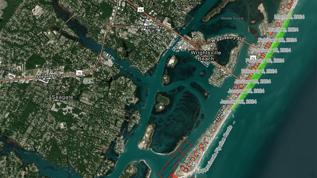 The Wrightsville Beach online sand placement tracker shows the approximate pipeline route and the stages of completion of the recent beach nourishment project.