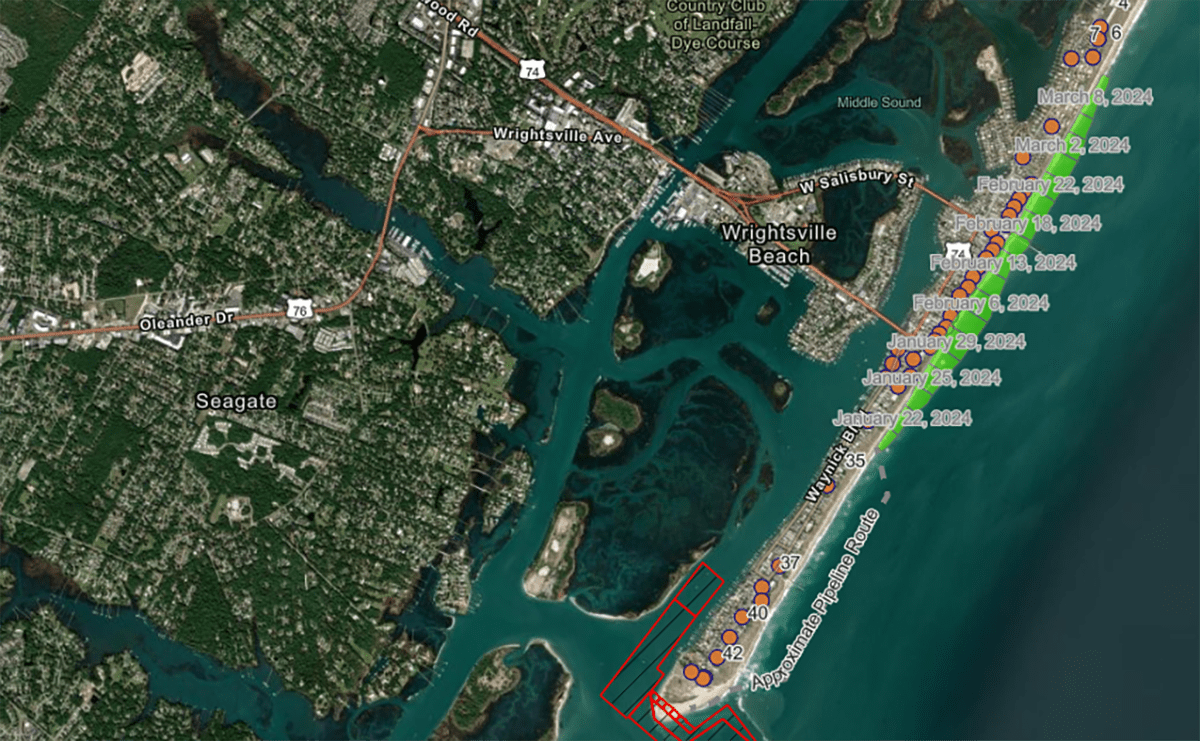 The Wrightsville Beach online sand placement tracker shows the approximate pipeline route and the stages of completion of the recent beach nourishment project.