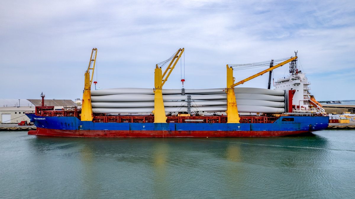 Wind turbine components are shown aboard the 528-foot-long BBC Norway at the North Carolina Port of Morehead City. Photo: Dylan Ray